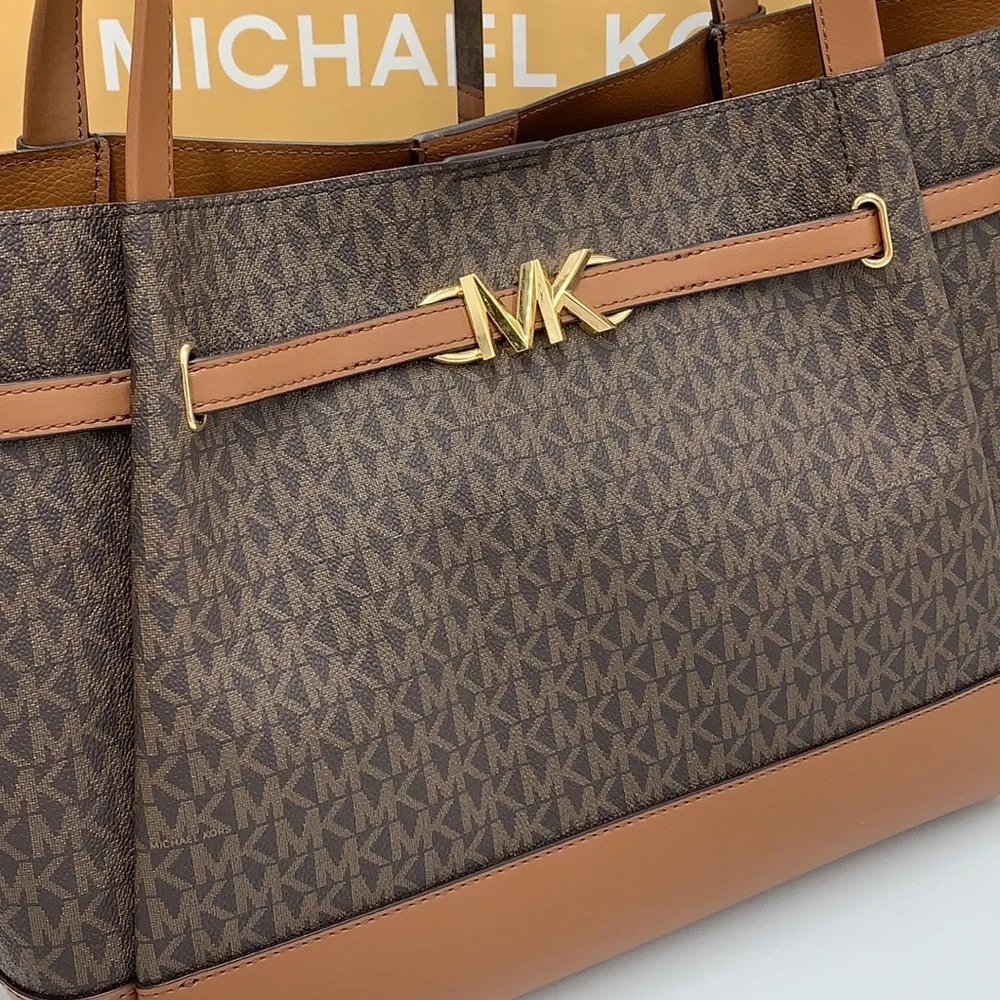 MICHAEL KORS REED  Large BELTED Logo Tote Bag BROWN SIGNATURE COLOR